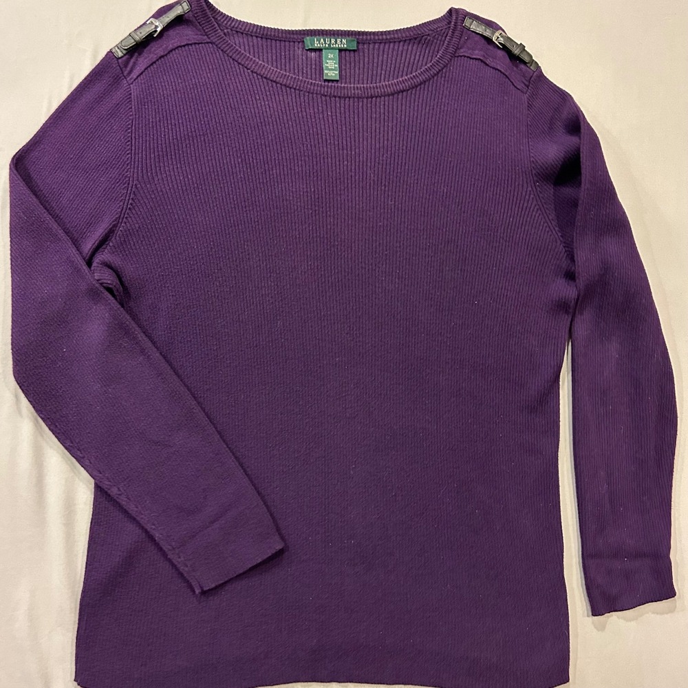 Lauren Ralph Lauren Purple Ribbed Cotton Sweater Buckle Shoulder 2X